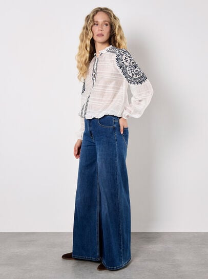 Ruffle Neck Embroidered Blouse