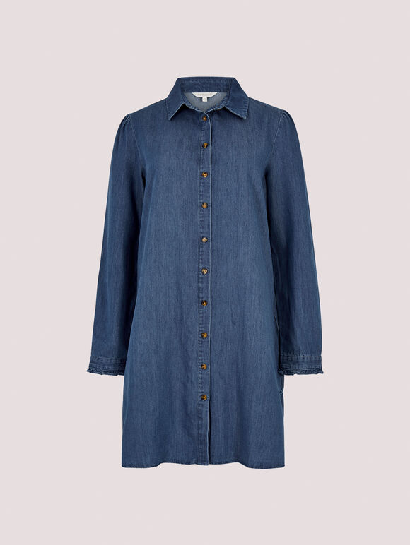 Ruffle Denim Swing Mini Dress, Blue, large