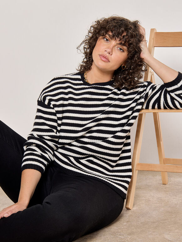 Curve Stripe Heavy Knit Jumper, Black, large
