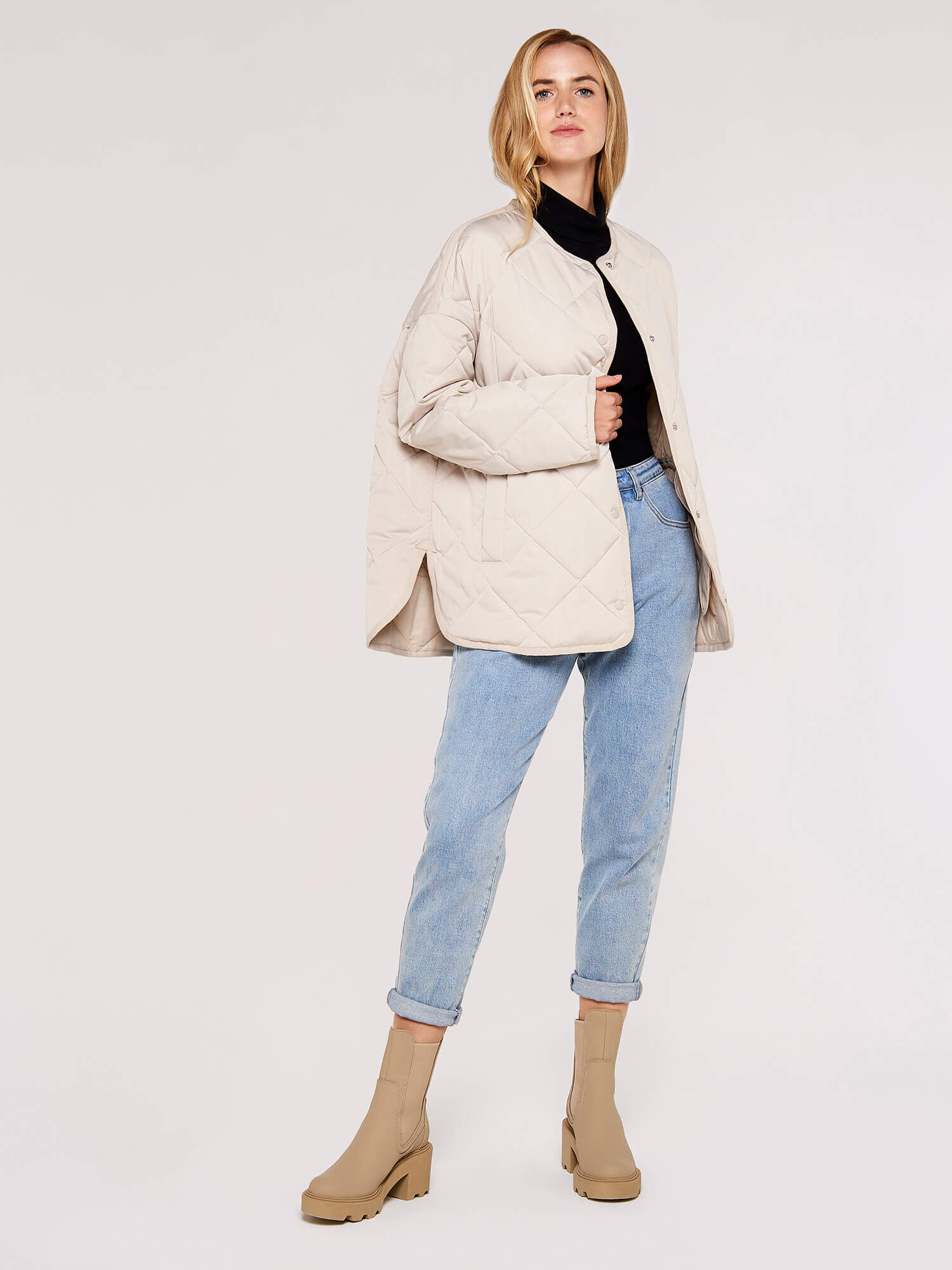 Collarless Quilted Jacket Apricot Clothing