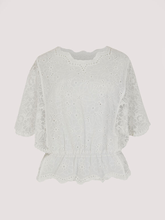Floral Broderie Batwing Top, White, large