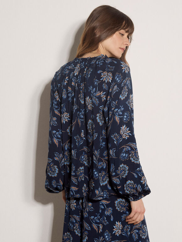 Folk Floral Blouse, Navy, large
