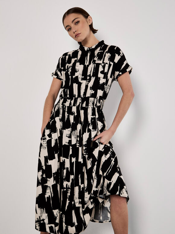 Brushstroke Squares Utility Midi Dress, Black, large
