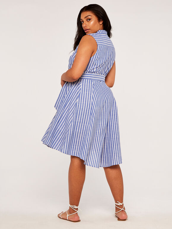 Curve Pinstripe Button Tie Waist Dress, Blue, large