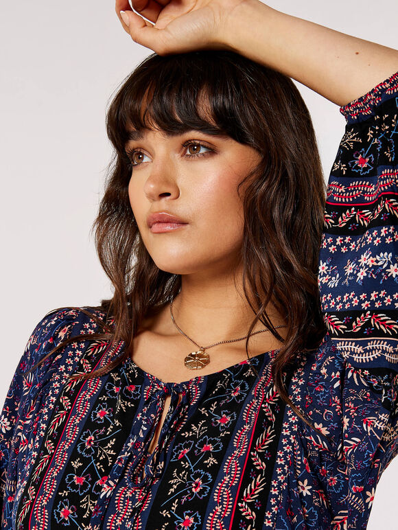Folk Border Print Mini Dress, Red, large
