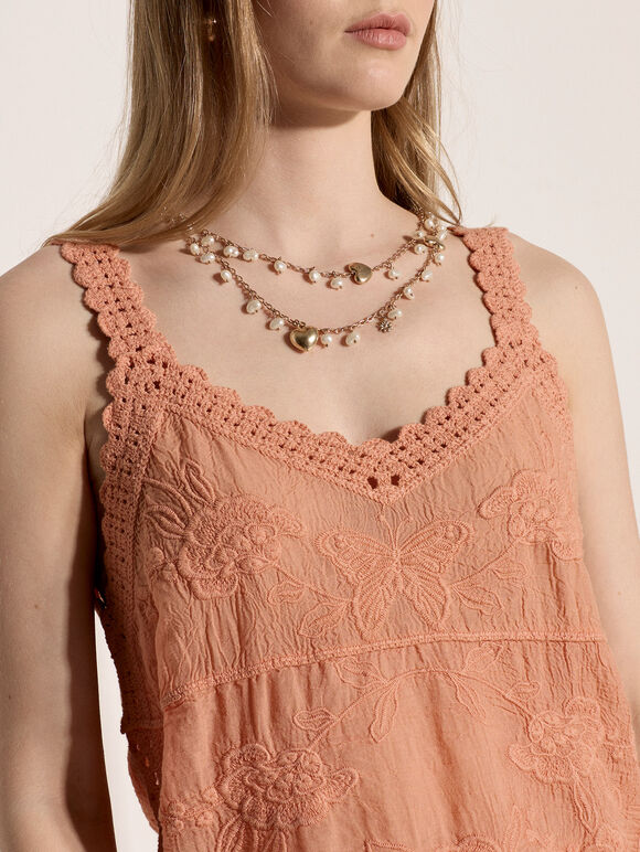 Floral Embroidery Crochet Cotton Top, Peach, large