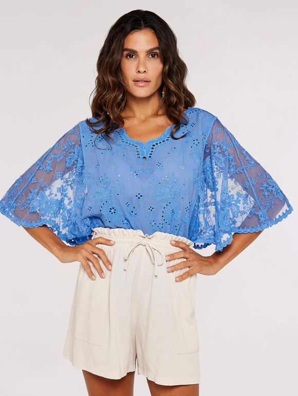 Floral Broderie Batwing Top, Blue, large