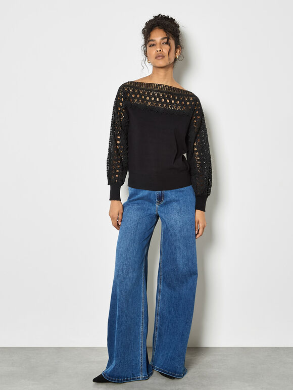 Lace Neck And Sleeve Jumper, Black, large