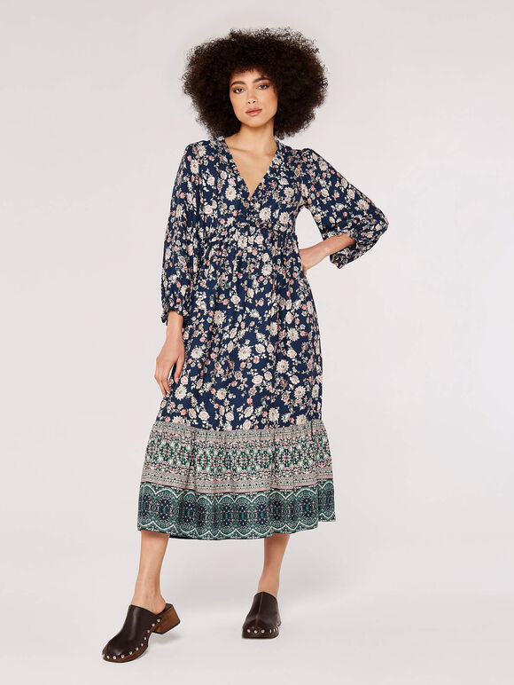 Sarasa Ruffle Midi Dress, Navy, large