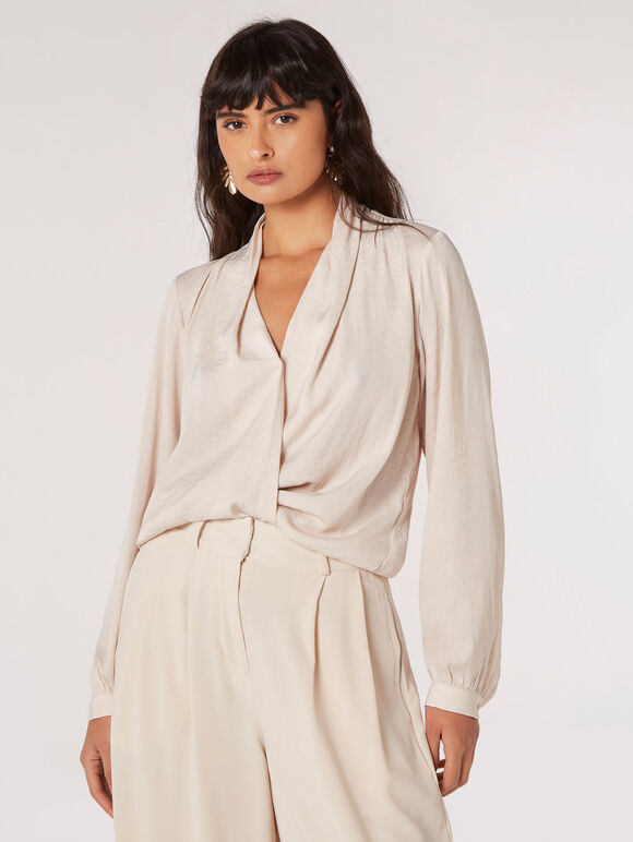 Textured Satin Wrap Top, Stone, large