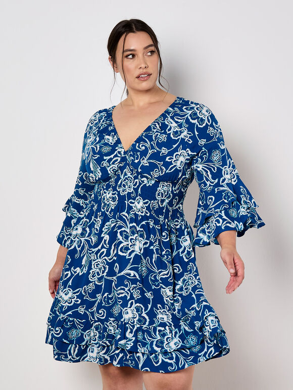 Sarasa Floral Smocked Ruffle Mini Dress, Blue, large
