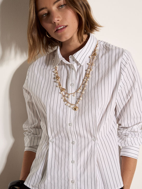 Cinched Cotton Stripe Shirt, White, large