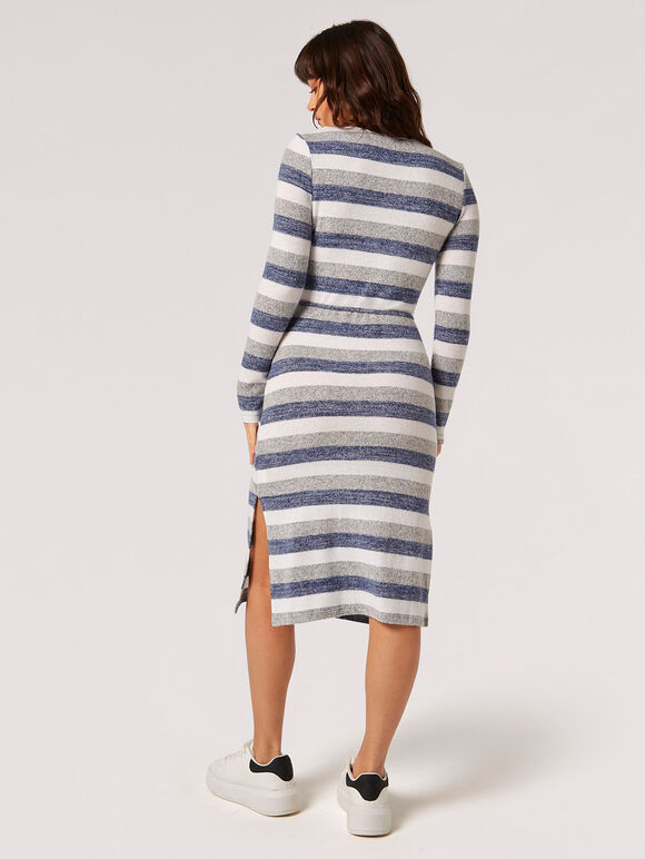 Robe mi-longue à rayures douces au toucher, bleu marine, grand