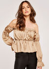 Satin Ruffle Bardot Top, Stone, large