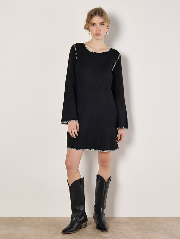 Blanket Stitch Knitted Swing Mini Dress, Black, large
