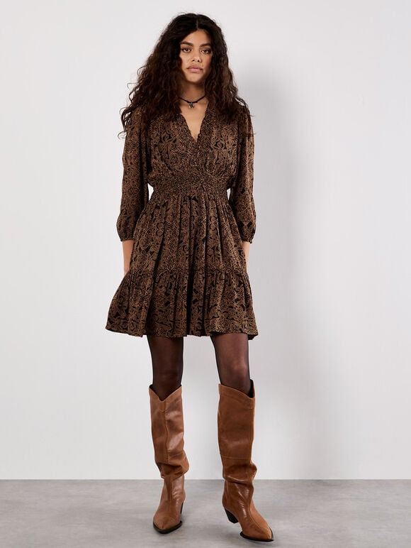 Paisley Ruffle Soft Mini Dress, Rust, large
