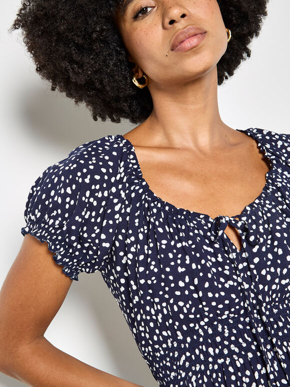 Spot Print Milkmaid Midi Dress, Navy, large