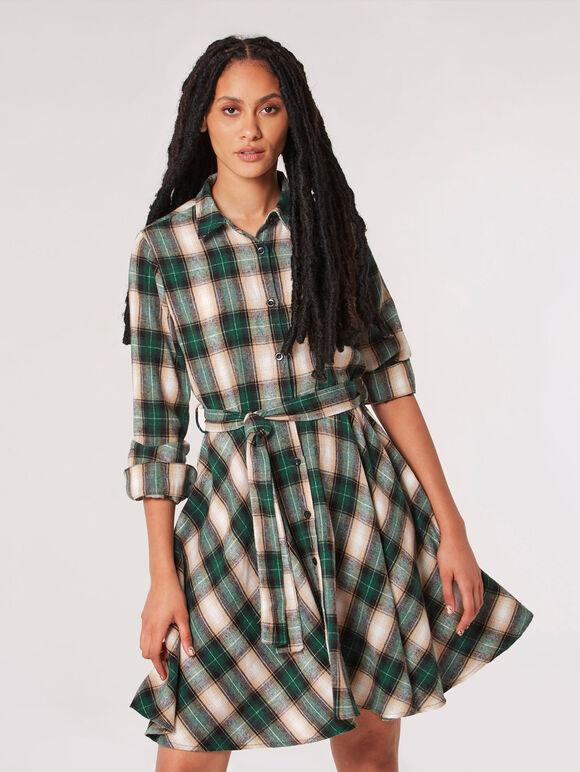 Check Shirt Skater Mini Dress, Green, large