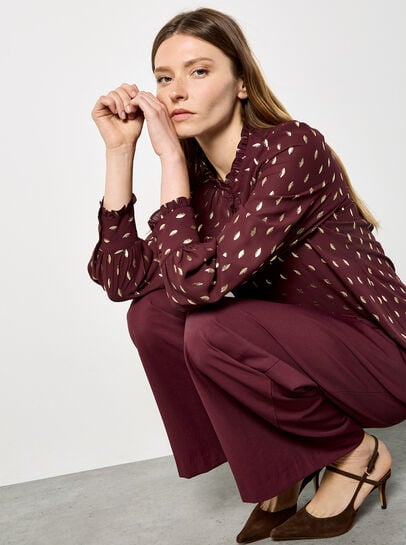 Gold Foil Ruffle Chiffon Blouse