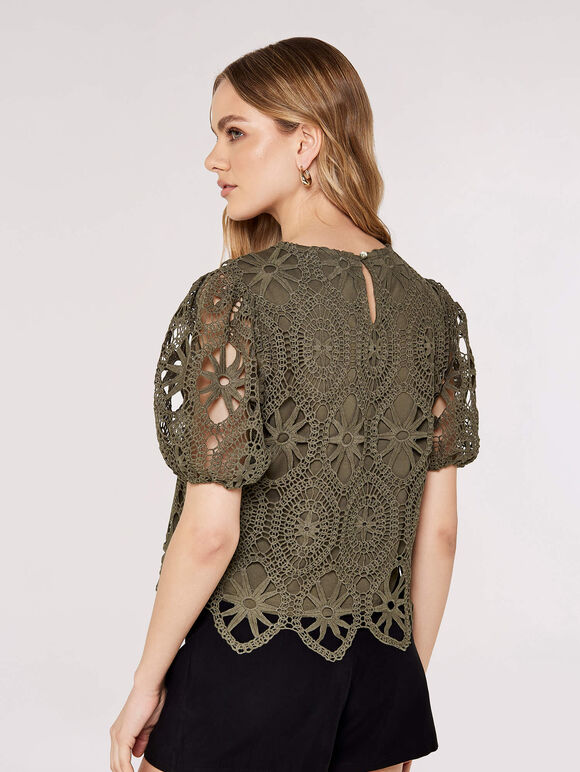 Lace Puff SleeveTop, Khaki, large
