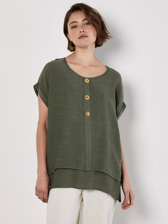 Coconut Button Layered Top, Khaki, large