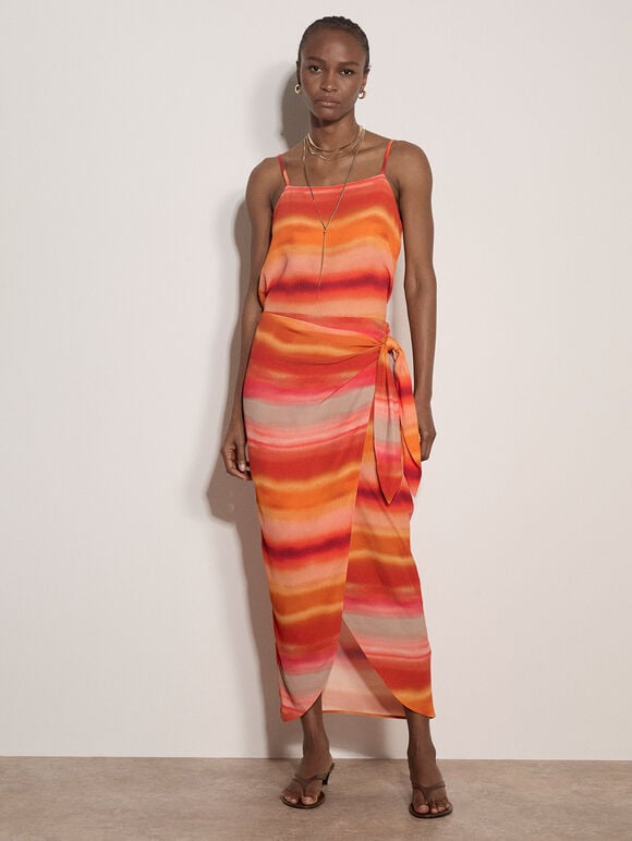 Watercolour Stripe Wrap Midi Skirt, Orange, large