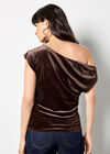 Draped One-Shoulder Asymmetric Velvet Top, Brown, large