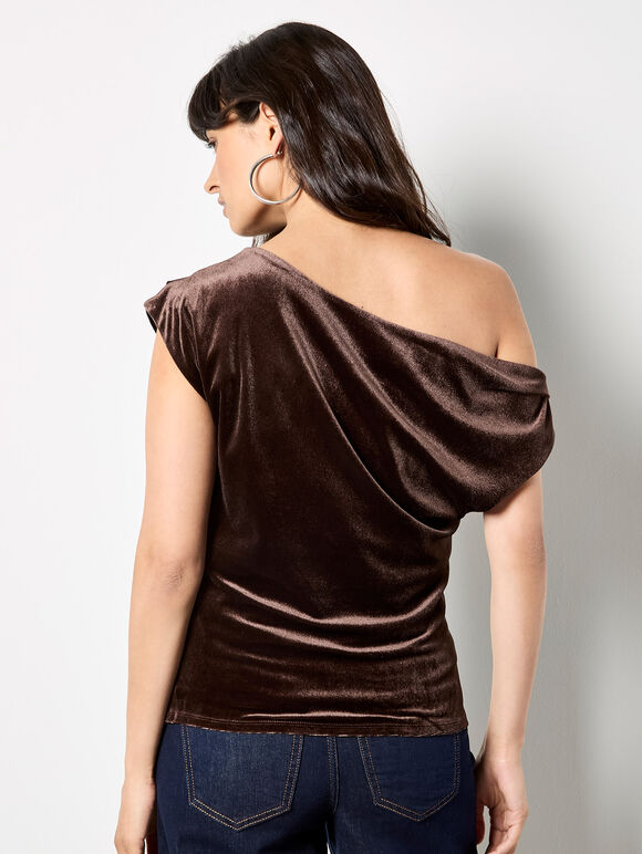 Draped One-Shoulder Asymmetric Velvet Top, Brown, large