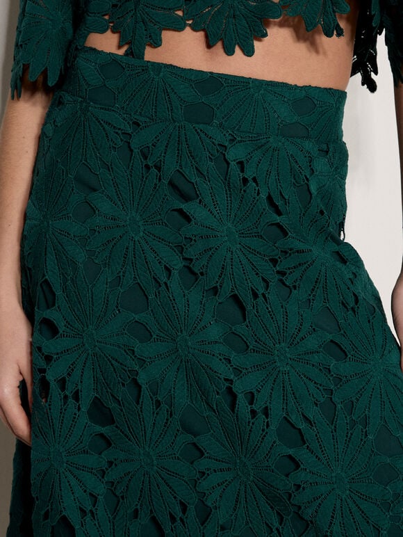 Guipure Lace Daisy Midi Skirt, Green, large