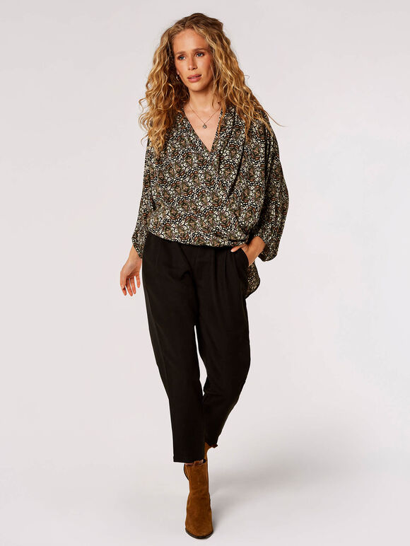 Ikat Tile Print Wrap Top, Khaki, large