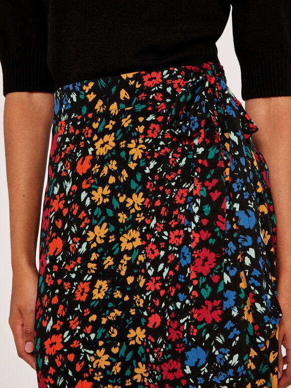 Floral Wrap Skirt, Black, large