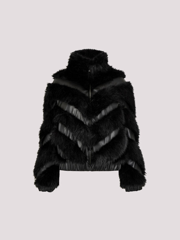 Faux Leather Chevron Fur Jacket, Black, large