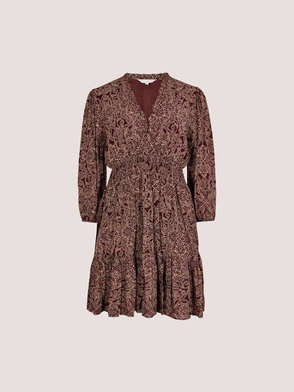 Paisley Ruffle Soft Mini Dress, Burgundy, large