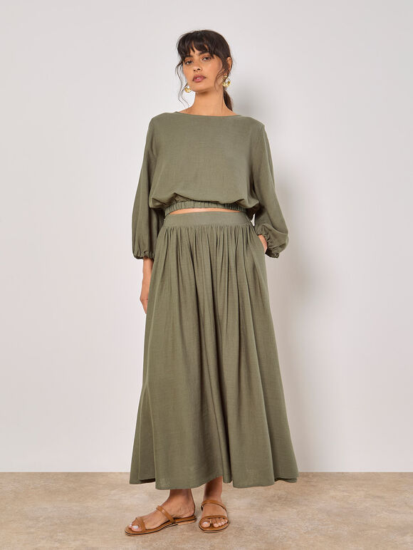 Linen Blend Pleated Midaxi Skirt, Khaki, large