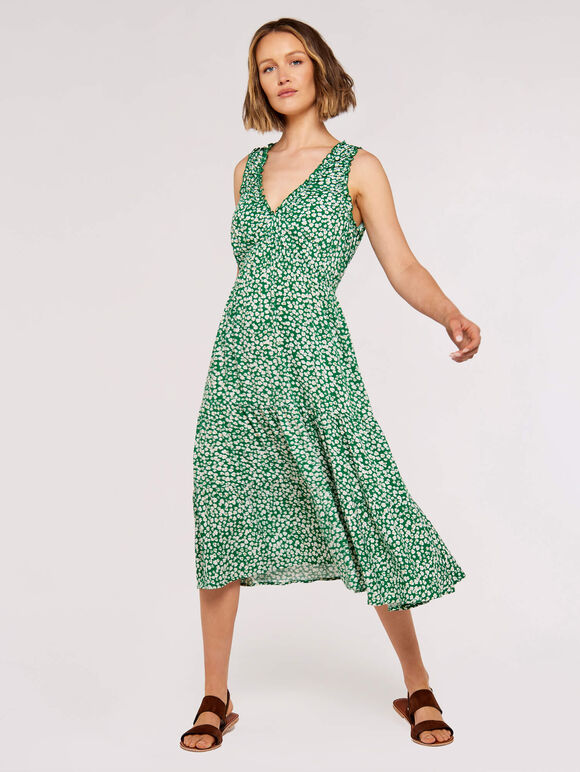 Daisy Print Tiered Midi Dress, Green, large