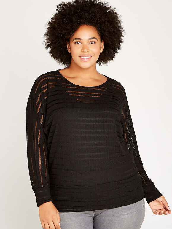 Mesh Stripe Batwing Top+, Black, large