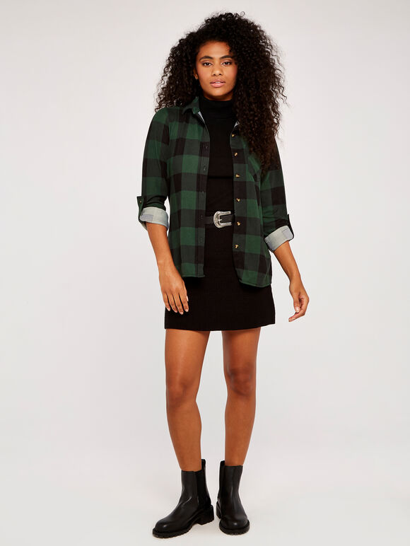 Gingham Fleece Lined Shirt, Green, large