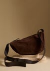 Suede Half Moon Crossbody Bag, Brown, large