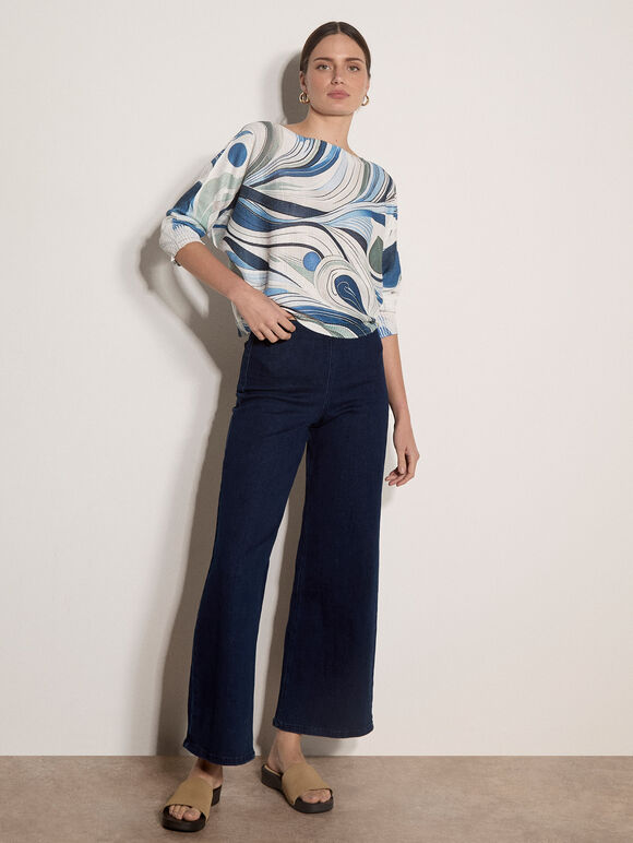 Swirl Print Shimmer Knit Top, Blue, large