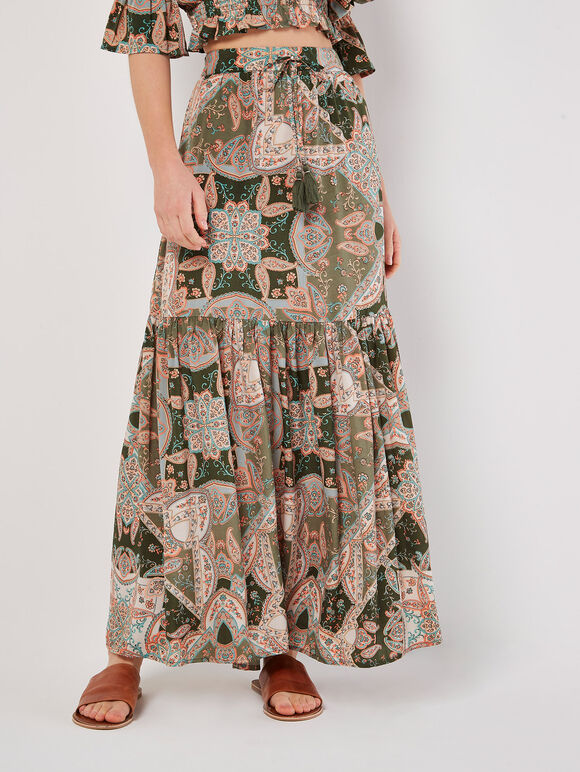 Satin Scarf Print Skirt & Cropped Top, , large
