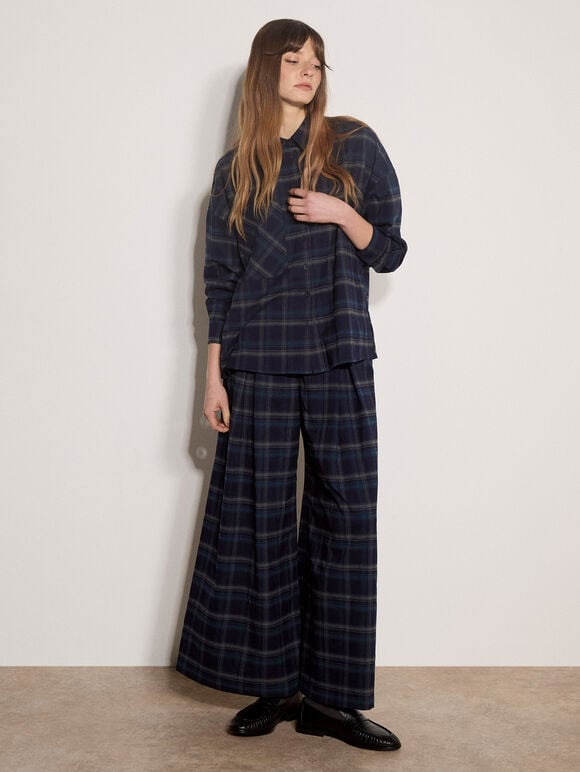 Oversized Check Print Shirt, Navy, large