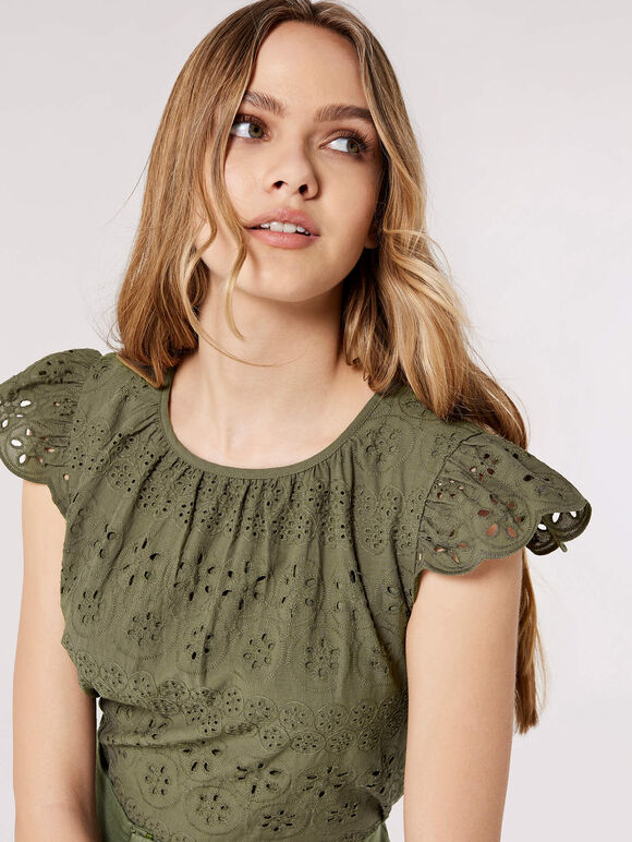 Broderie Anglaise Top, Khaki, groß