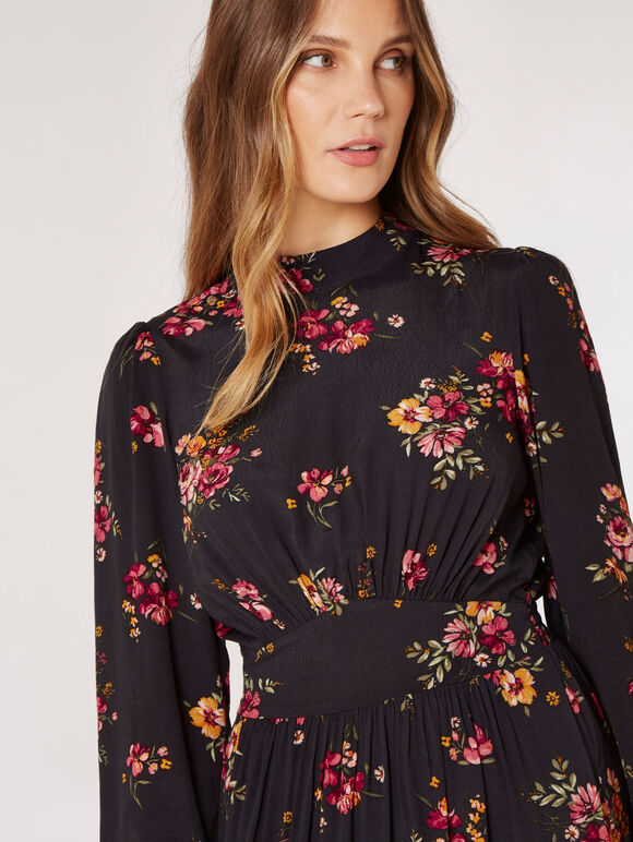 Floral Bouquet Midi Dress, Black, large