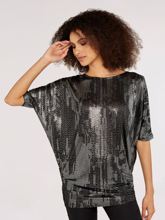 Metallic Squares Batwing Top, Black, large