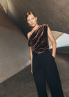 Draped One-Shoulder Asymmetric Velvet Top, Brown, large