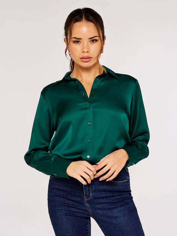 Long Sleeve Satin Shirt, Green, large
