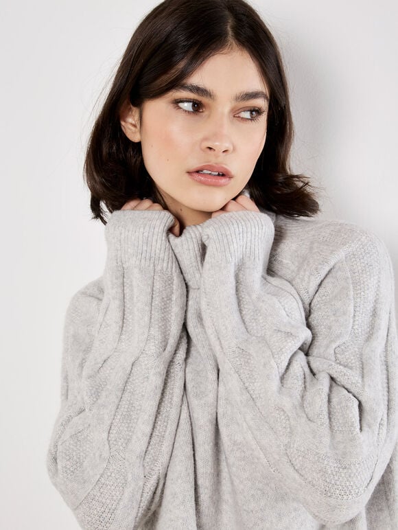 Cable Knit Roll Neck Jumper, Grey, large