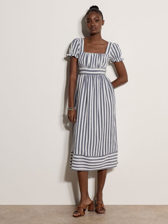 Stripe Milkmaid Midaxi Dress, Navy, large