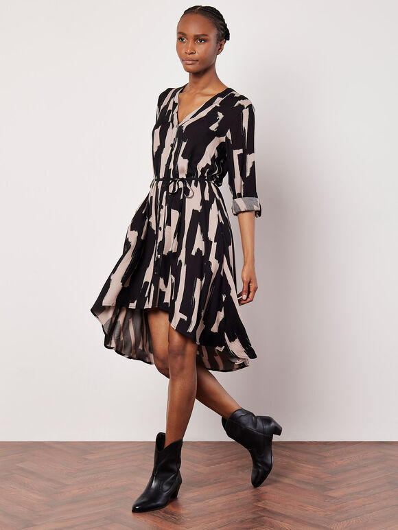 Paint Stroke Shirt Mini Dress, Black, large
