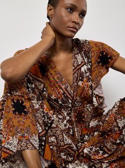 Patchwork Ruffle Tiered Midi Dress